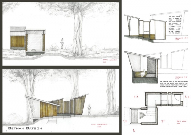 Floor plans, sections and elevations of writer's creative shelter
