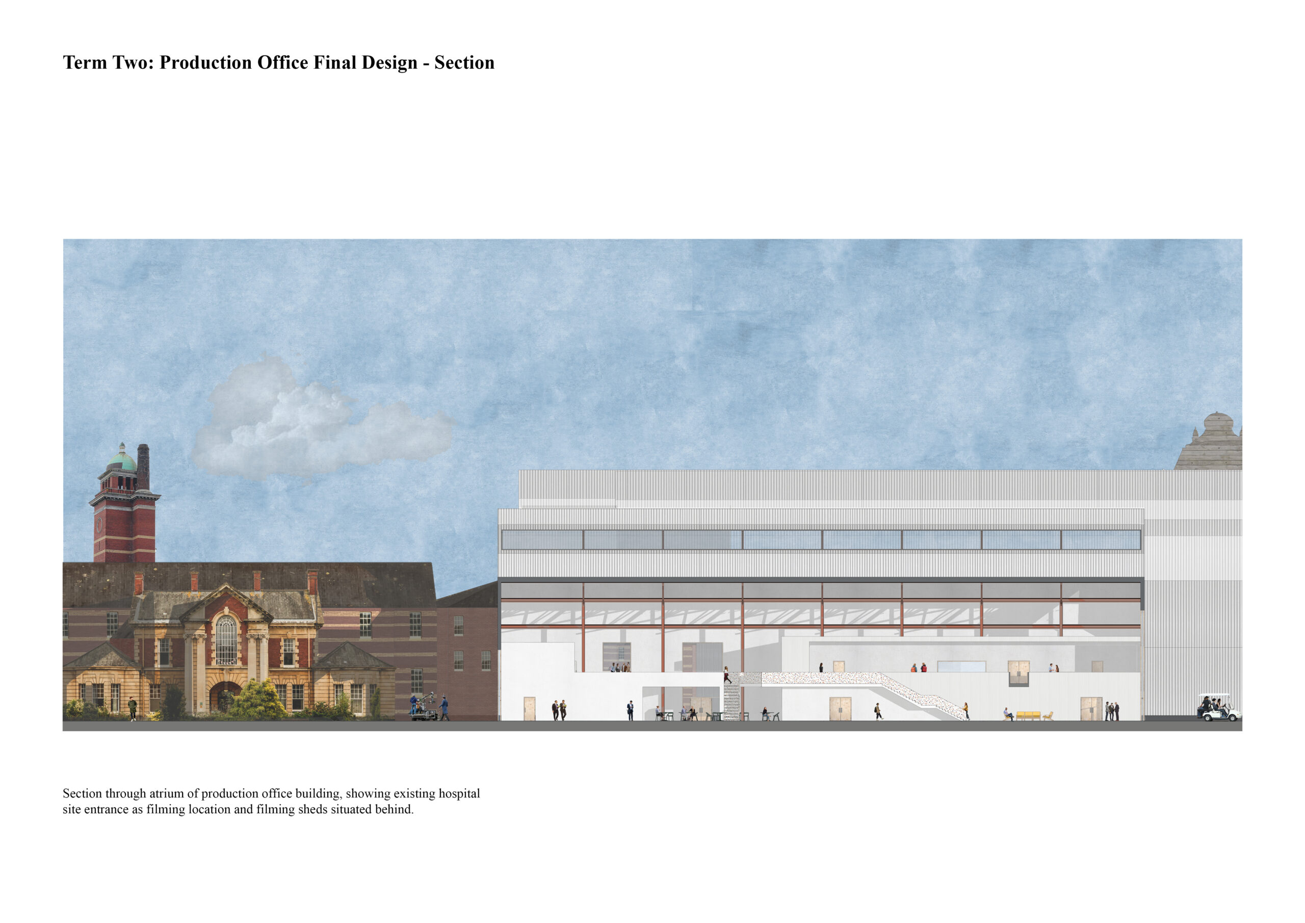 Portfolio Page of a section of the production office that showcases the atrium and the existing hospital behind.