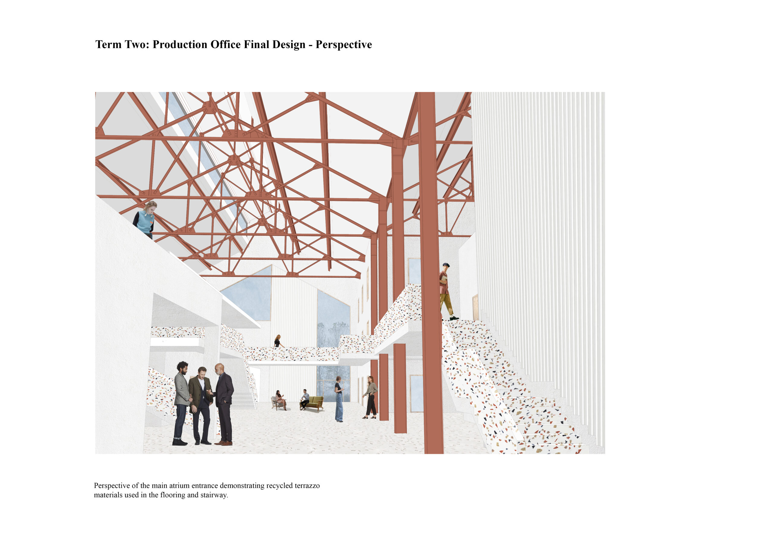 Portfolio Page of a perspective of the production office, focusing on the main atrium space demonstrating recycled terrazzo materials used in the flooring and the stairway.