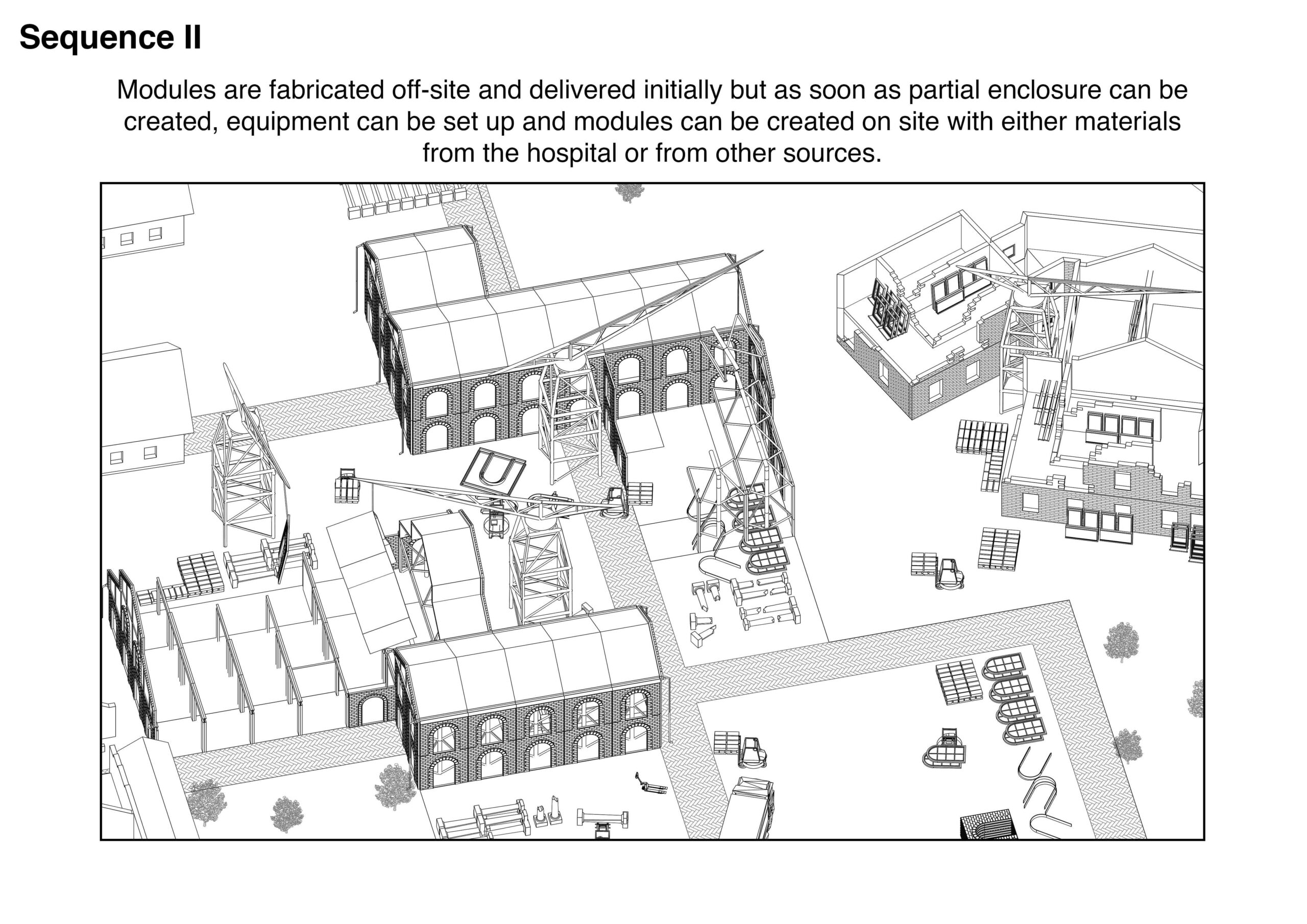 Portfolio Page of an axonometric drawing that shows the second stage of the process, with materials fabricated off site and delivered