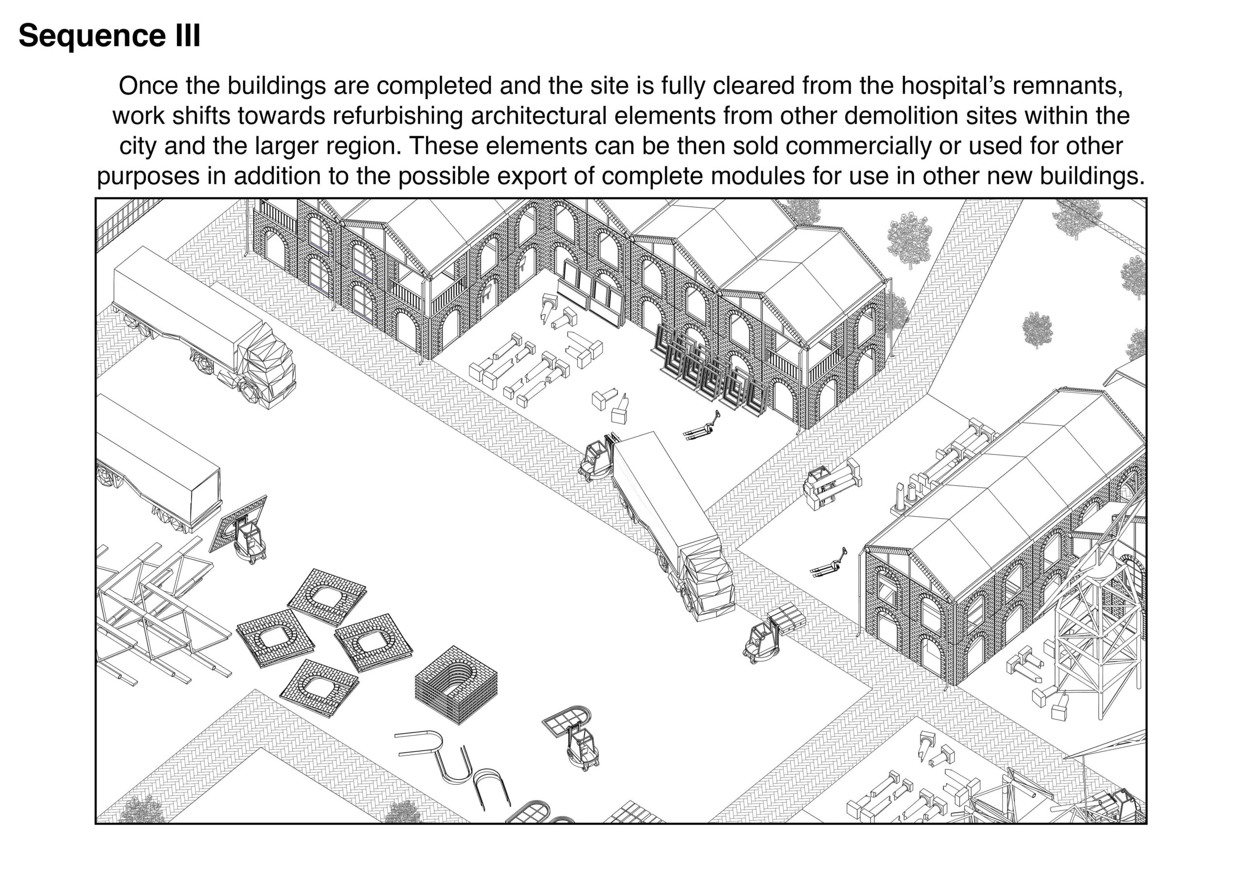 Portfolio Page of an axonometric drawing that shows the third stage of the process, where buildings are completed and the site is fully cleaned from the hospitals remnants and work shifts towards refurbishing elements from other demolition sites within the city and larger region.