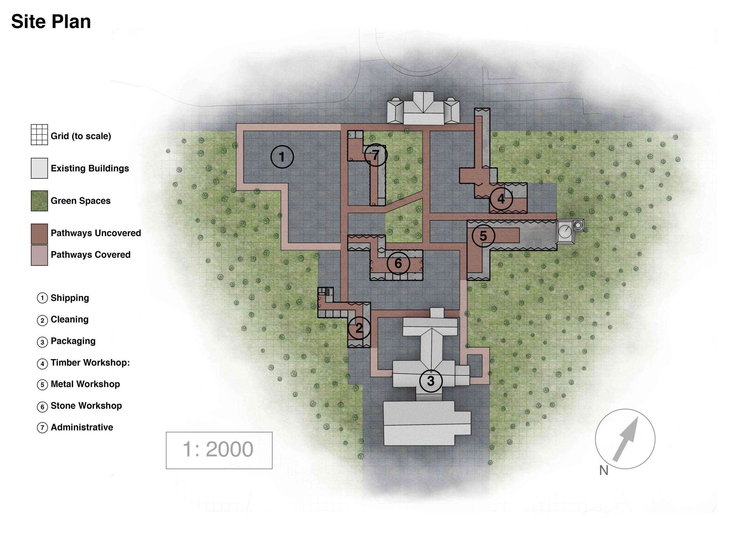 Portfolio Page of the site plan showing all seven buildings: shipping, cleaning, packaging, the timber workshop, the metal workshop, the stone workshop and the administrative building.