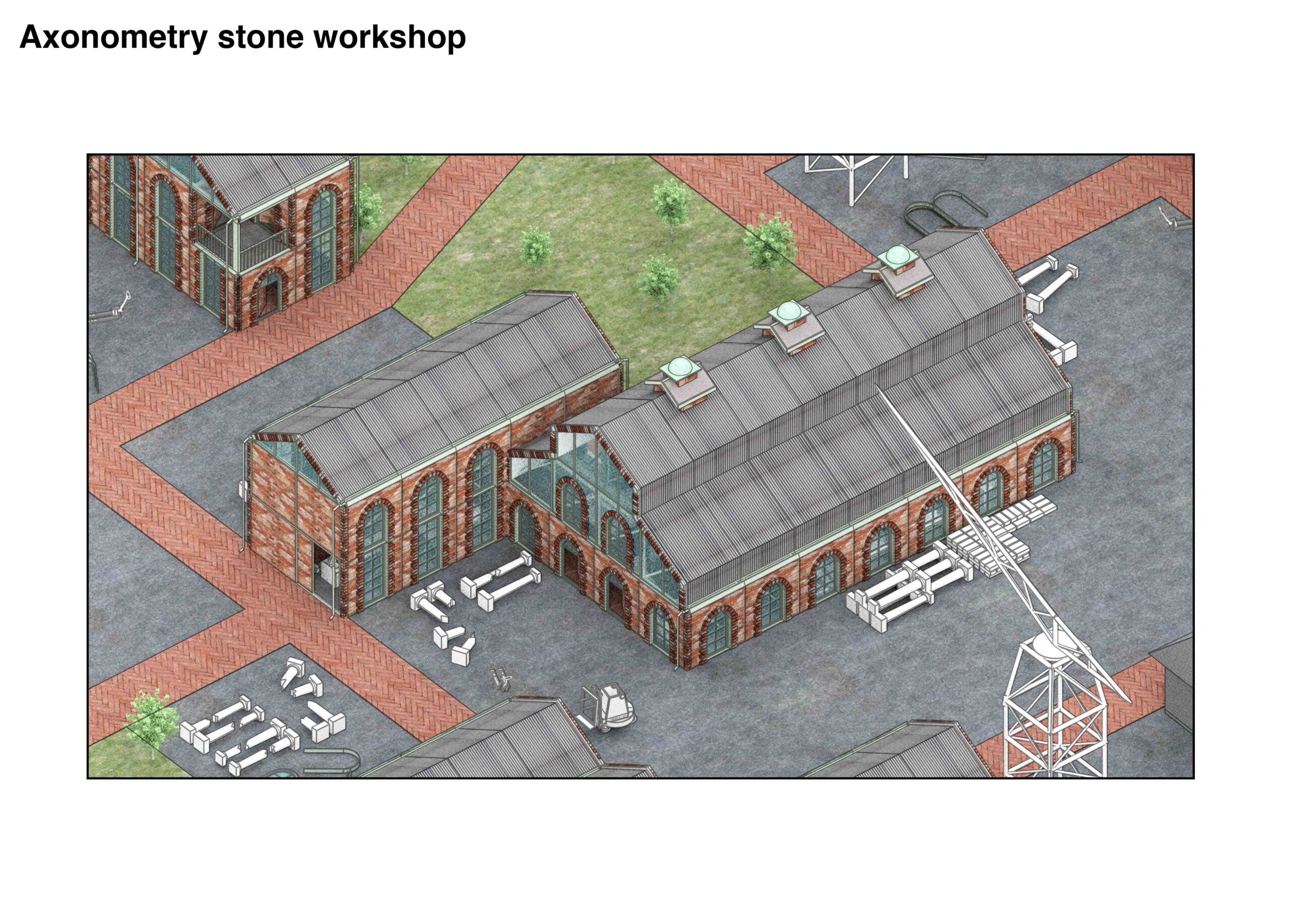 Portfolio Page of an axonometric of the stone workshop.