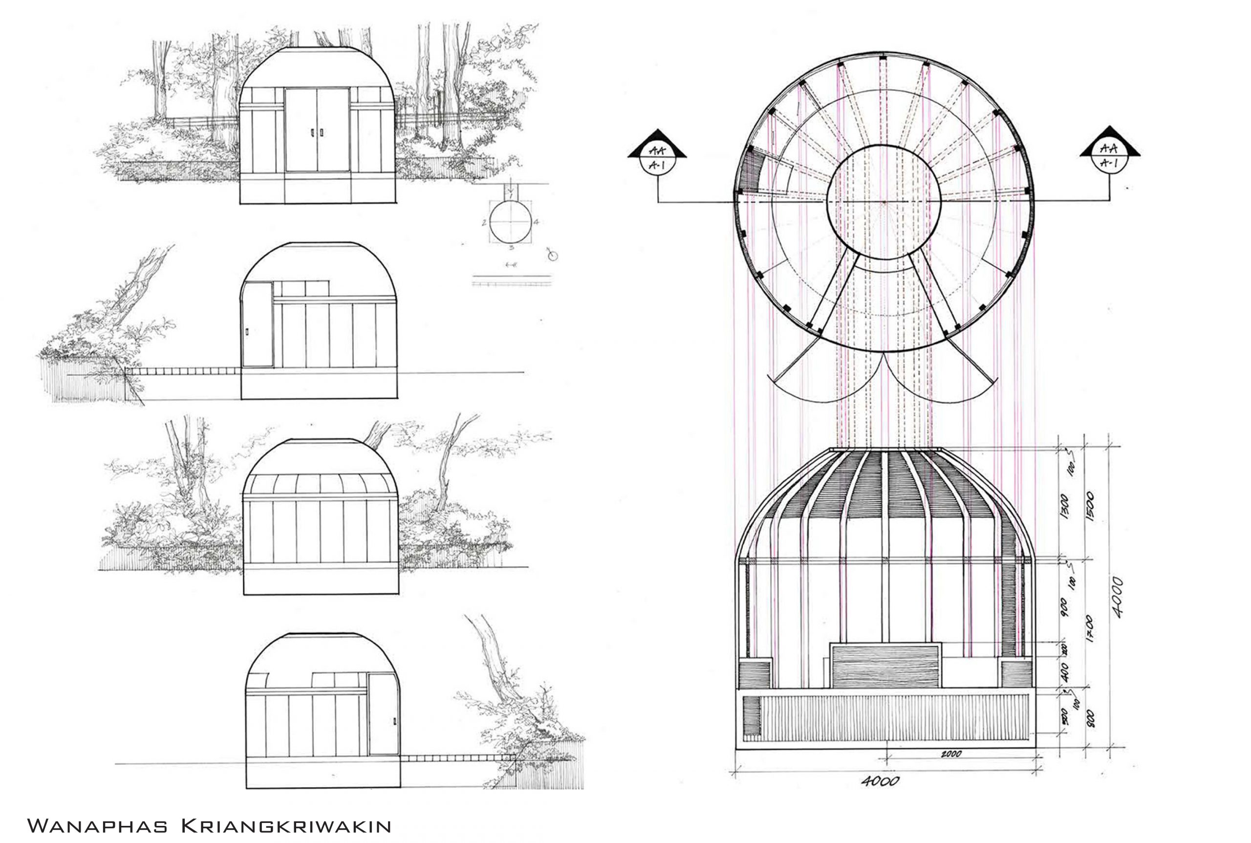 Floor plans, sections and elevations of musician's creative shelter