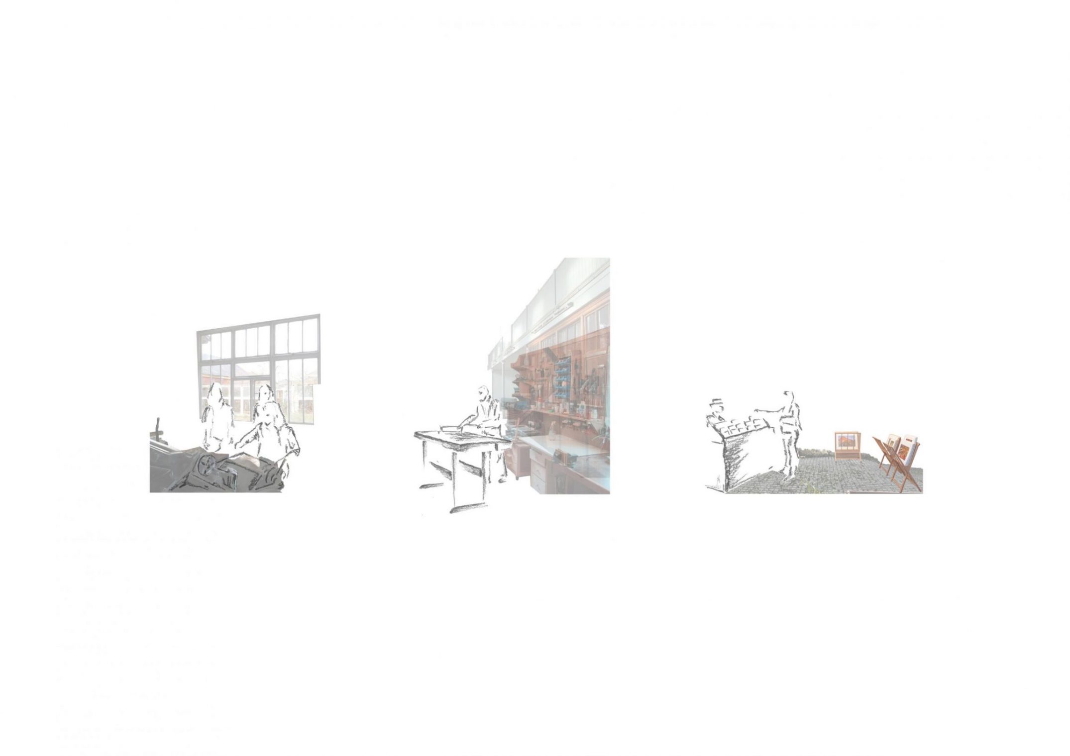 Three perspective drawings showing the activities available at the proposed Artists Resident Scheme at Whitchurch.