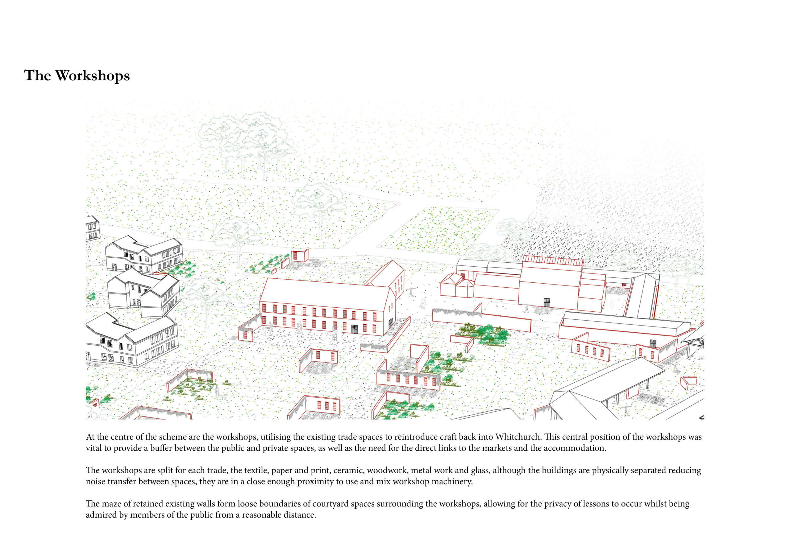 Portfolio Page of a perspective of the workshops that provides a buffer between the public and private spaces in the proposal, as well as the direct links to the markets and the accommodation.