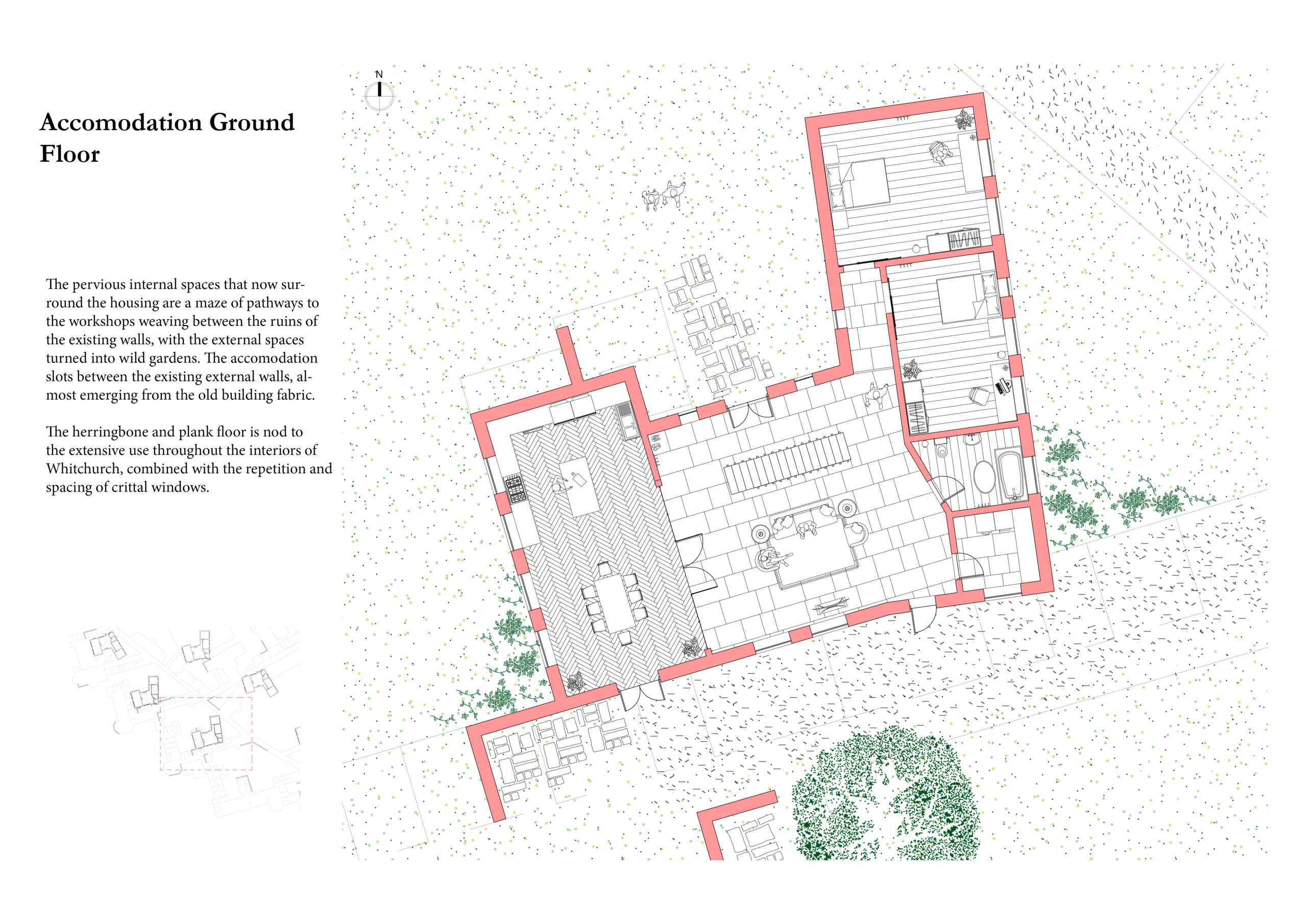 Portfolio Page of a plan of the Ground Floor Accommodation. The plans nave herringbone and plank floors that nod to the extensive use throughout the interiors of Whitchurch, combined with the repetition and spacing of crittal windows.