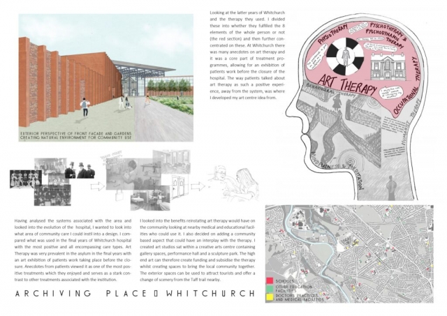 Portfolio Page of explorations into community care and the therapy used previously at Whitchurch Hospital. A drawing of the human head is full of methods of therapy. A site map illustrates the education and health facilities surrounding the site and an exterior perspective shows the front facade and gardens of the new proposal that focuses on art therapy.