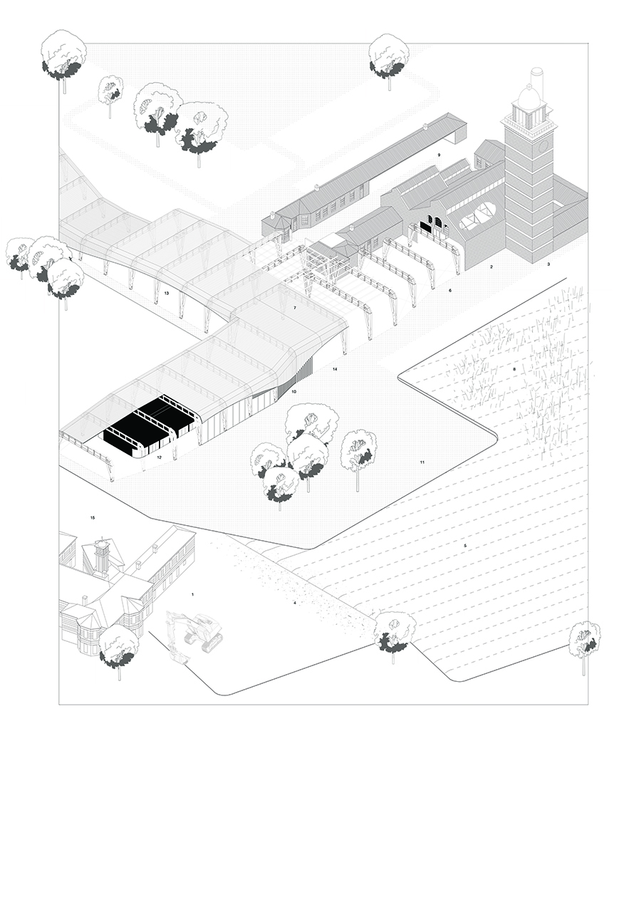 An axonometric for the proposed facility for cultivate and create at Whitchurch Hopsital.