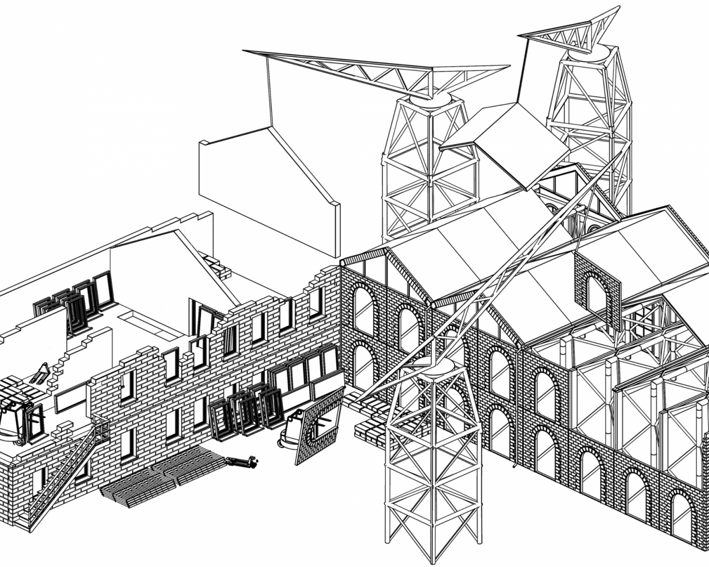 An axonometric drawing of the Archiving Architecture proposal showing architectural elements coming together on site.