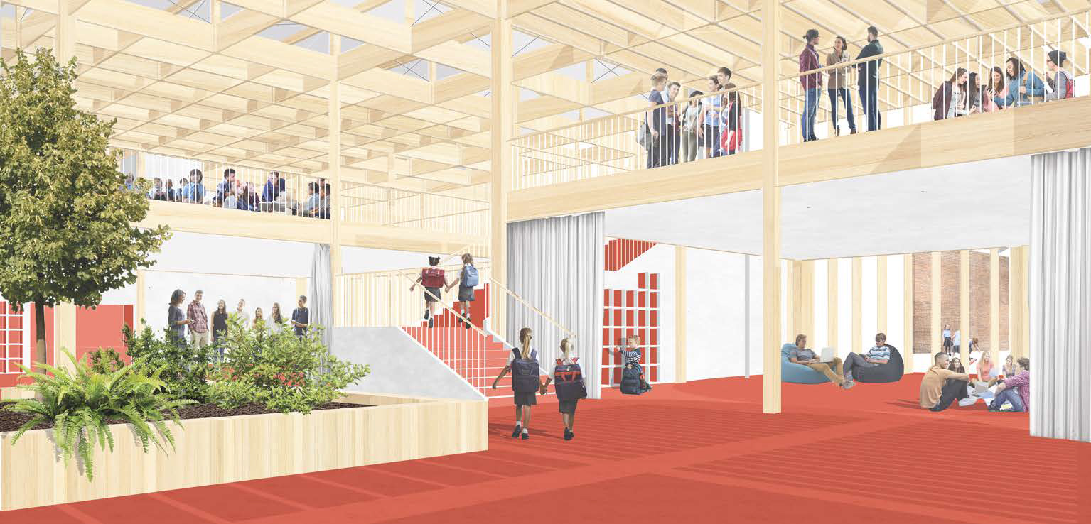 A perspective of the collaborative learning space, showing an exposed timber structure.