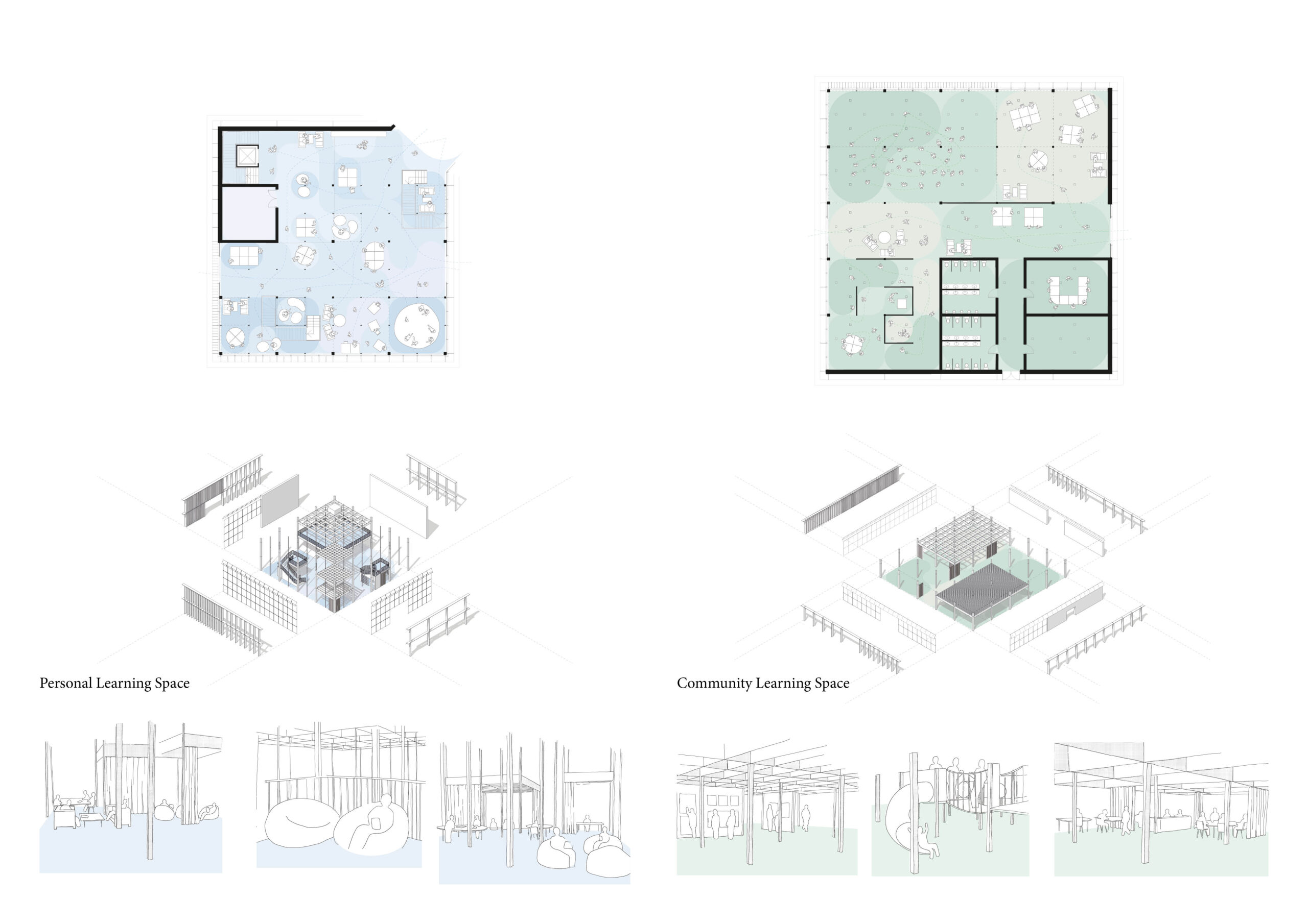 Portfolio Page of the Personal and Community Learning Spaces, with plans, axonometric drawings and perspectives.