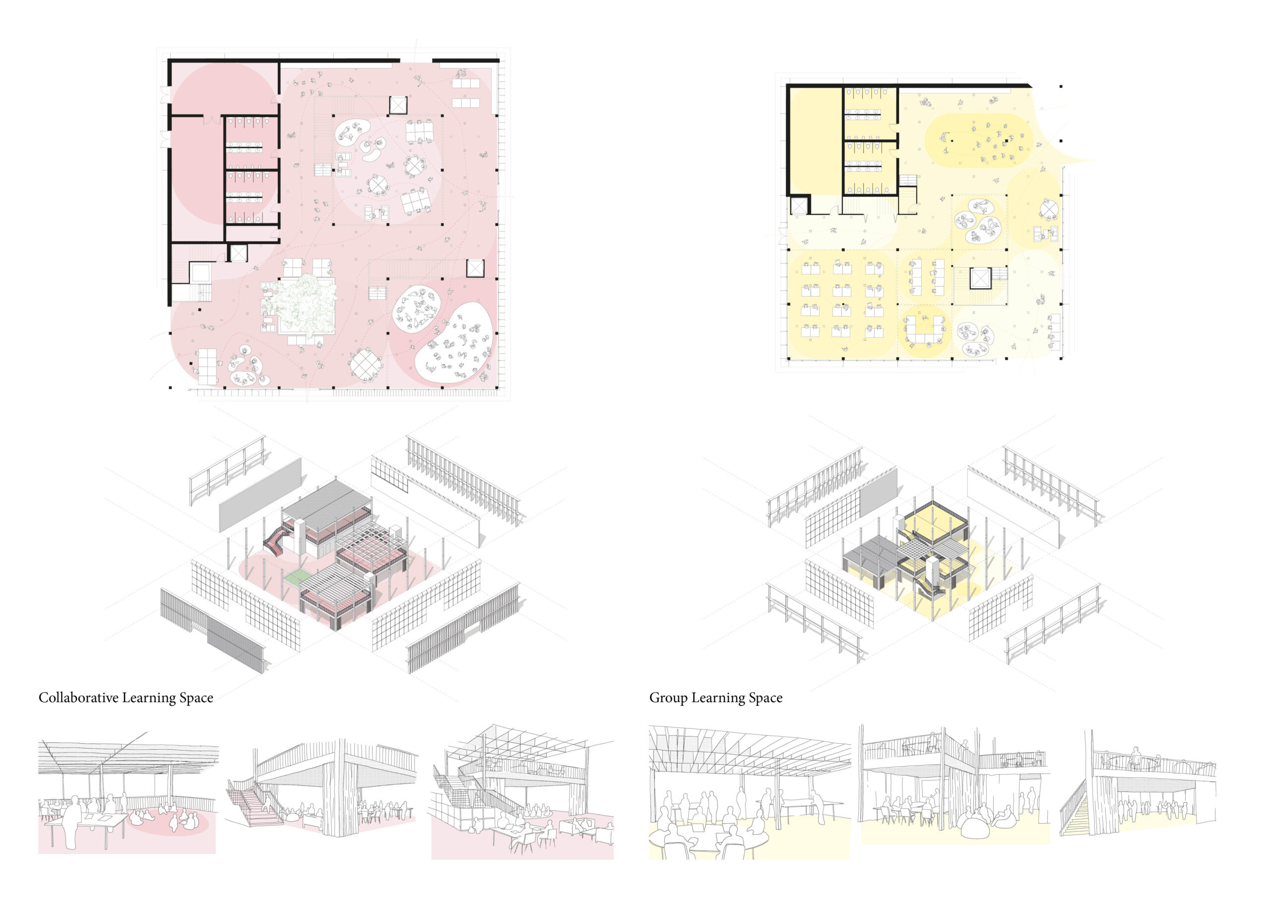 Portfolio Page of the Collaborative and Group Learning Spaces, with plans, axonometric drawings and perspectives.