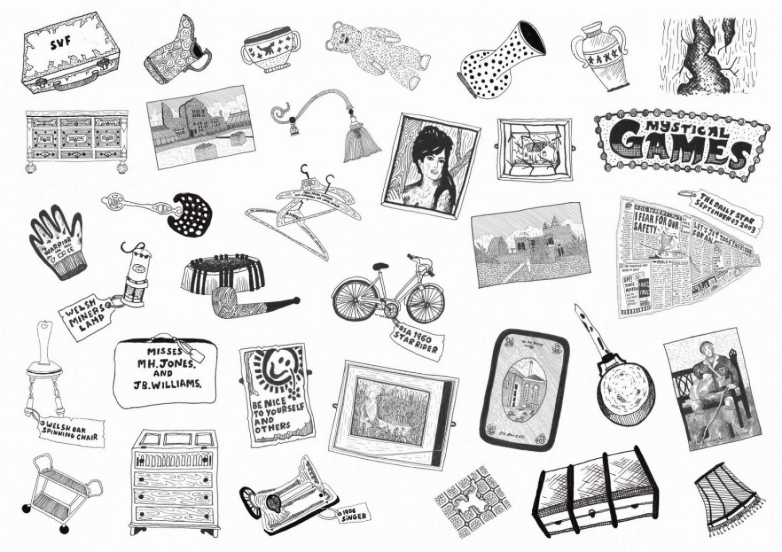 An image of an assortment of objects that can be found in and around Whitchurch; examples of things to be investigated and sold in the on site laboratory and shop.