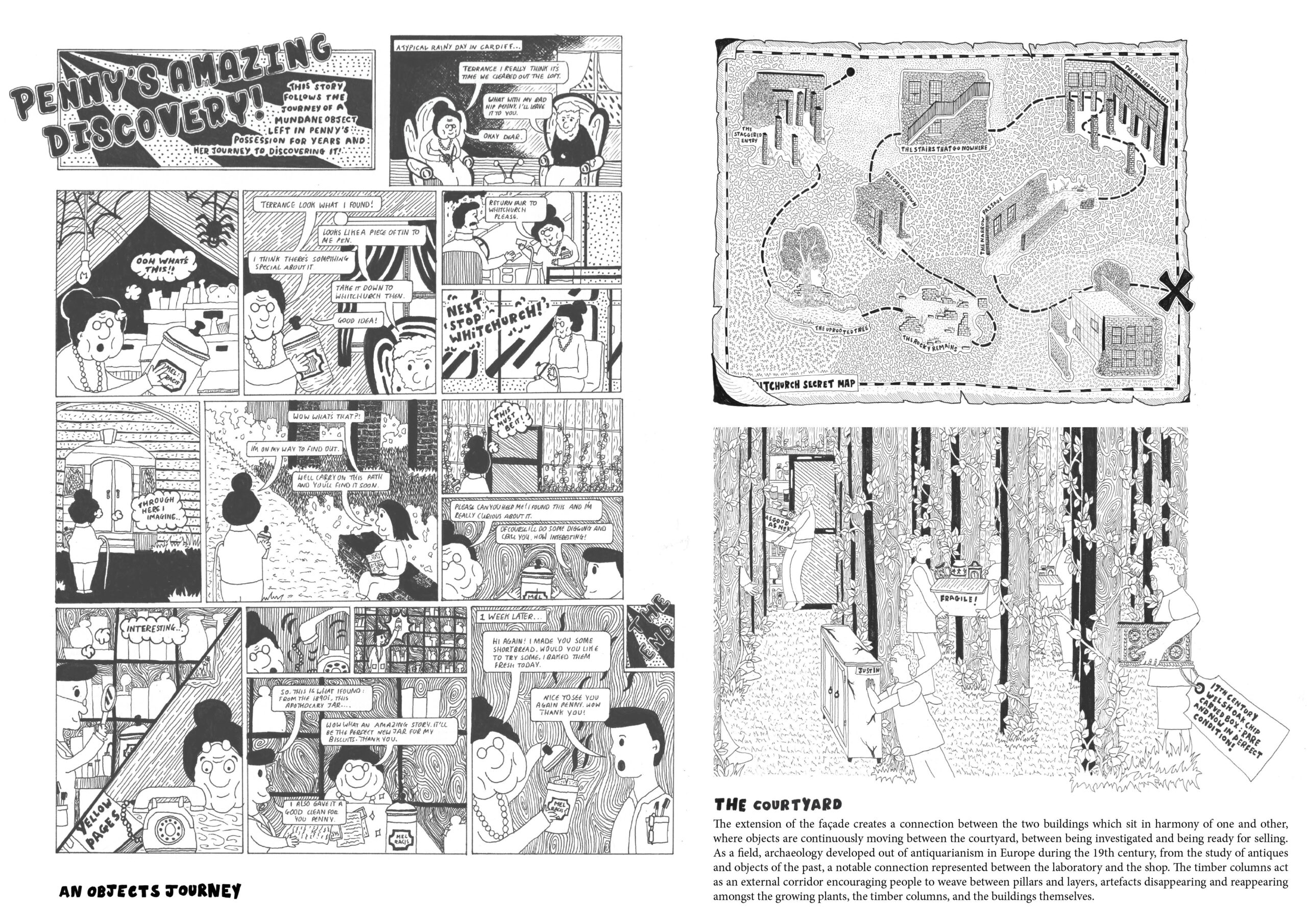 Portfolio Page with a comic of an objects journey to Whitchurch and a perspective drawing of the courtyard space.
