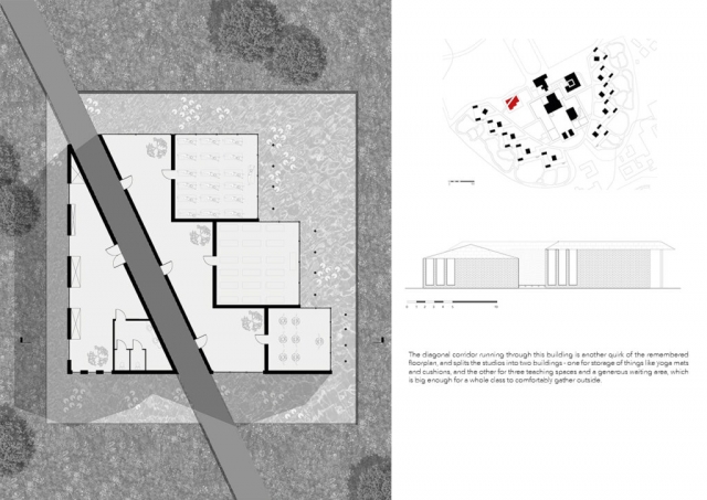 Page showing plan and section of the studio spaces. The left image is the plan, showing 3 separate studio rooms overlooking a pond with a diagonal walkway cutting through the studios and a storage area. There is a locator key on the top right, and below is a simple elevation of the space, showing the two buildings and highlighting an overhang on the south side of the building that will reduce solar gain.