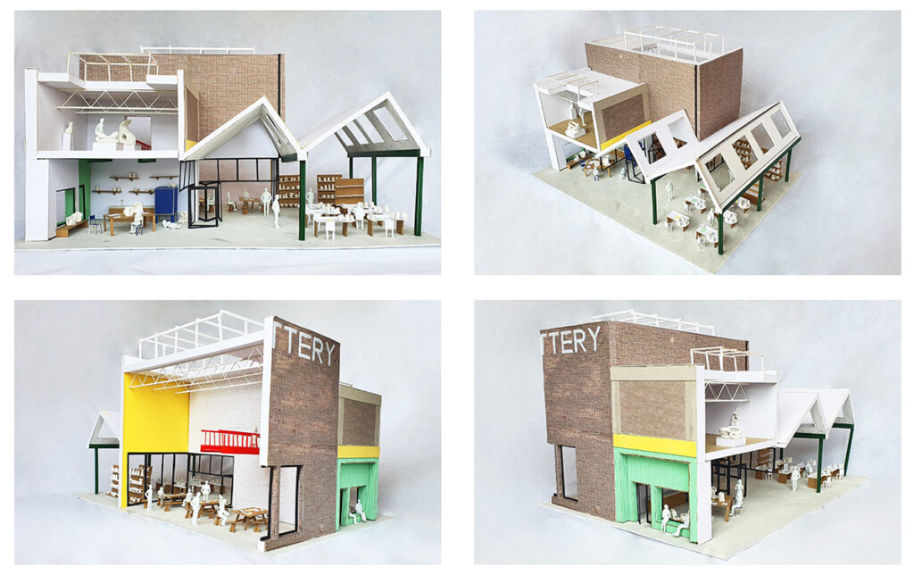 photos of the interior model which show the high ceilings and colourful accents on structure and wall colour