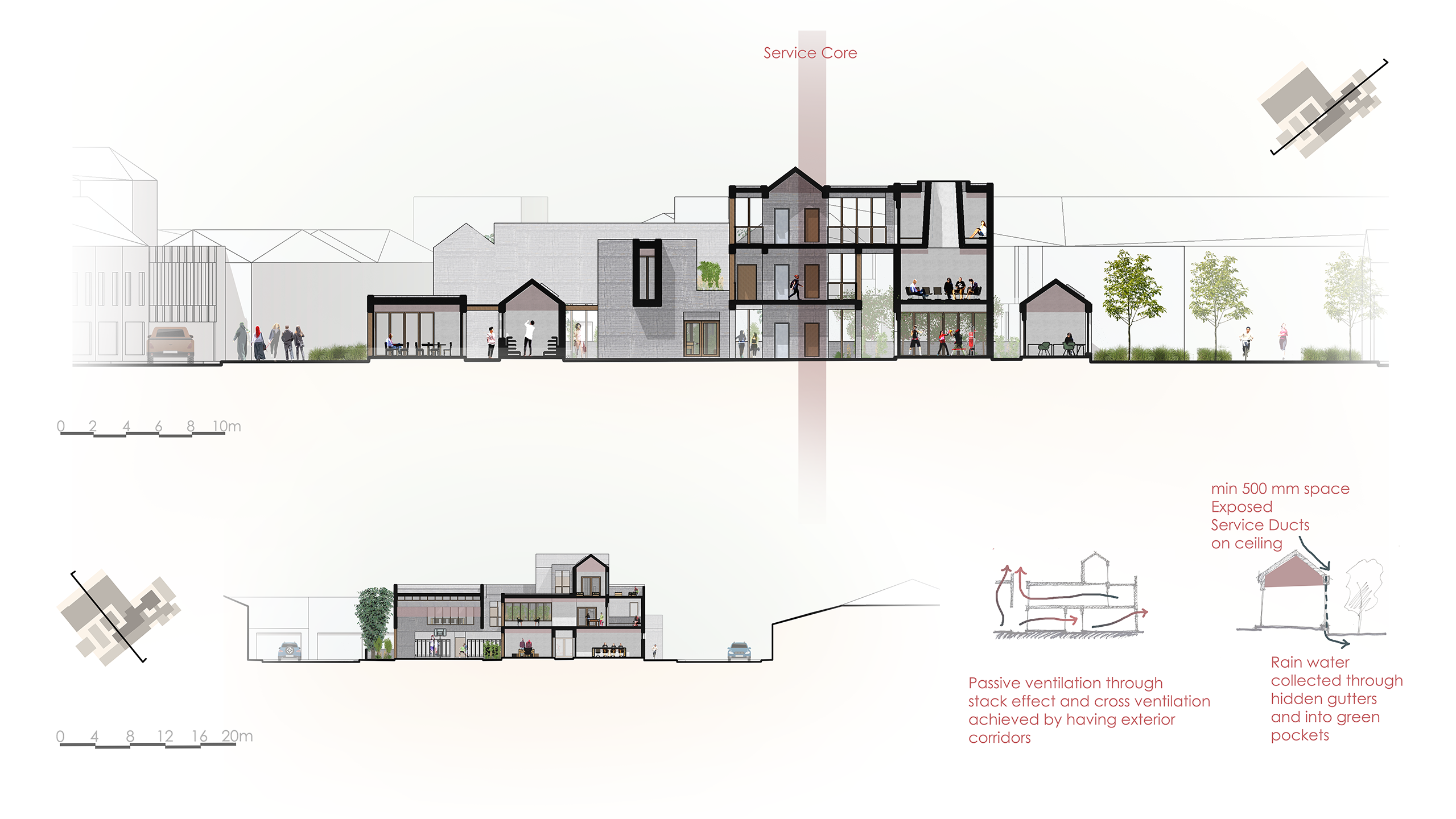 Section cuts showing the flow of spaces and intended building services