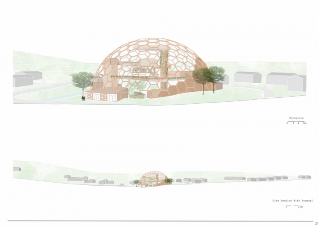 The design responds to the landscape and the natural curvature of the site. The dome creates transformative architecture that is at the edge of what is possible in terms of structure and function.