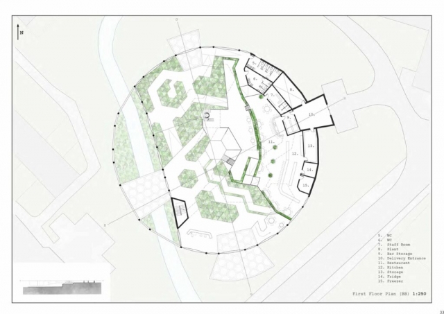 The floor plans are designed using a hexagonal grid and are designed so that the activities and the growing spaces within have a strong connection. The food grown within the dome supplies the restaurant with fresh daily produce.
