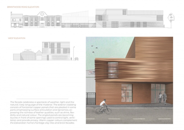 elevational drawings from Cad which shows the leatherworks in the streetscape. There is also a render showing the waves of the unique copper cladding