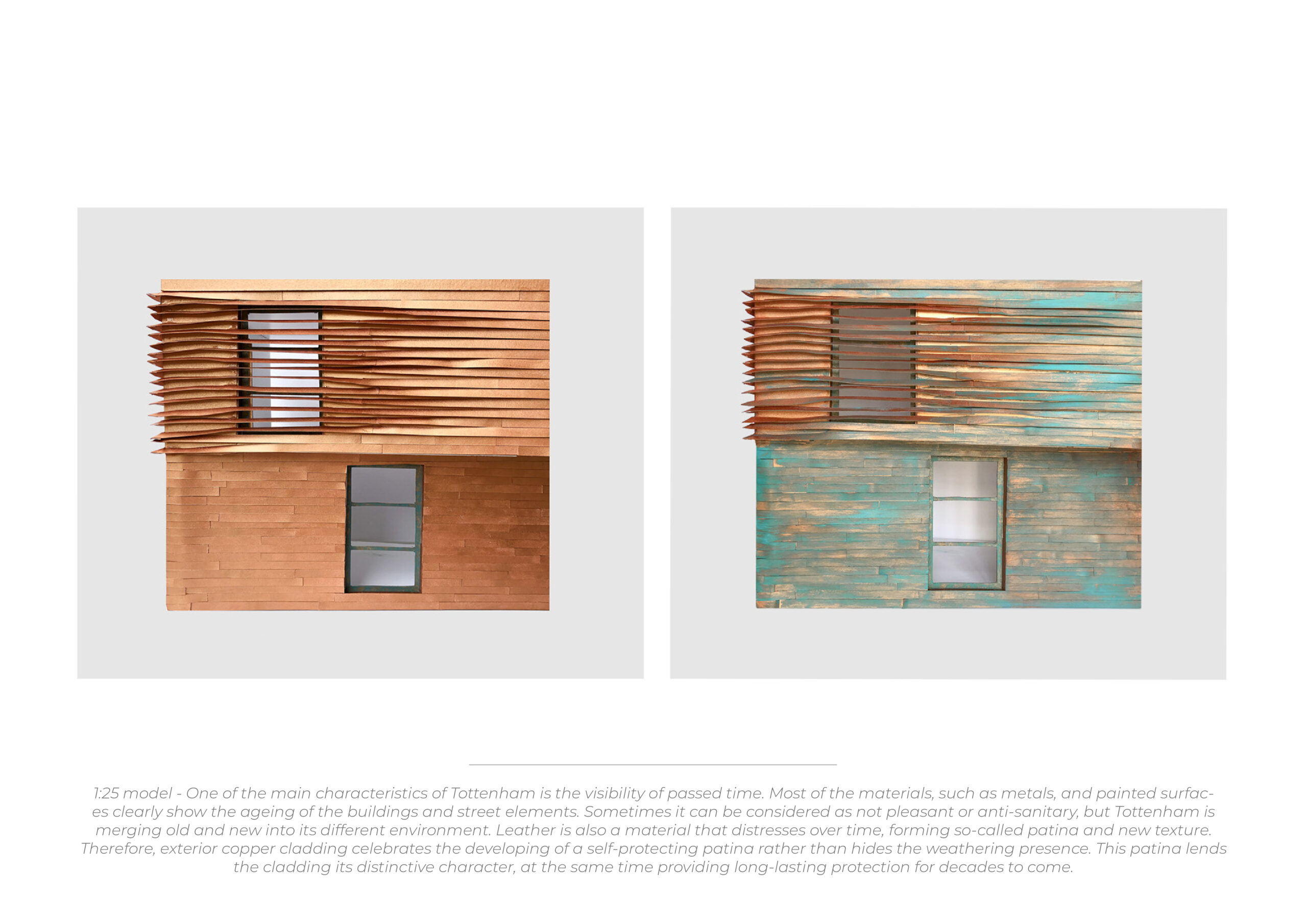 these models how the exterior of the copper building change over time. In one image the copper is brown. In the other it has elements of blue to suggest the ageing copper