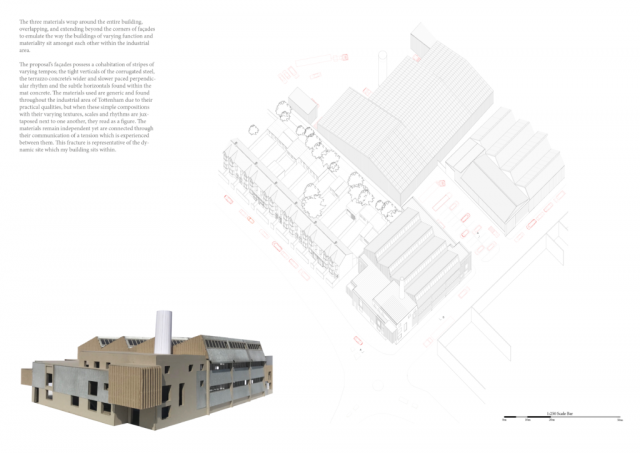 portfolio page 5 shows an image of the bottling unit in axo. it has a saw tooth roof and square unit to the front of the building and is clad in industrial materials