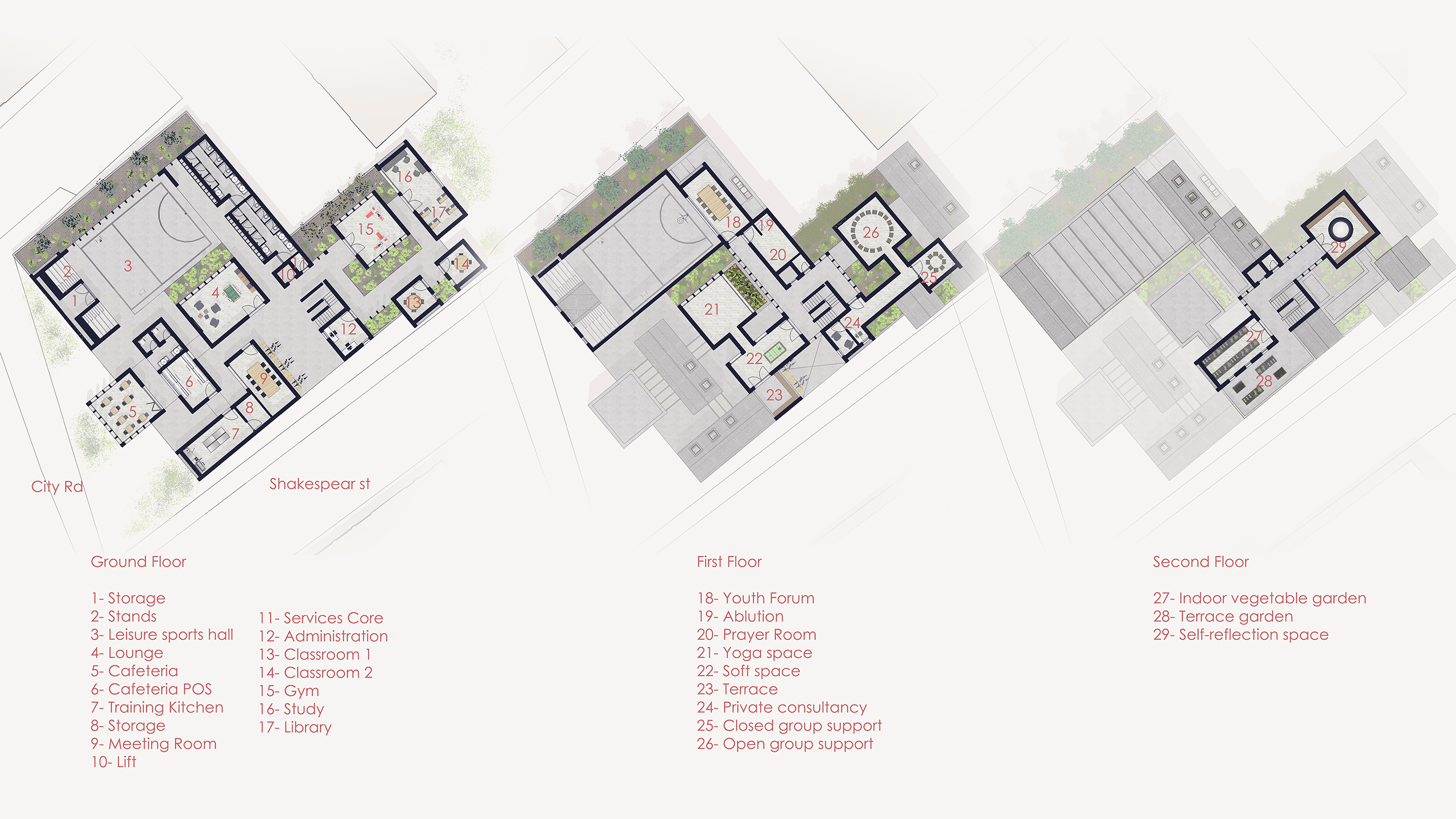 3 story plan layouts. Each block advancing privacy further into the building