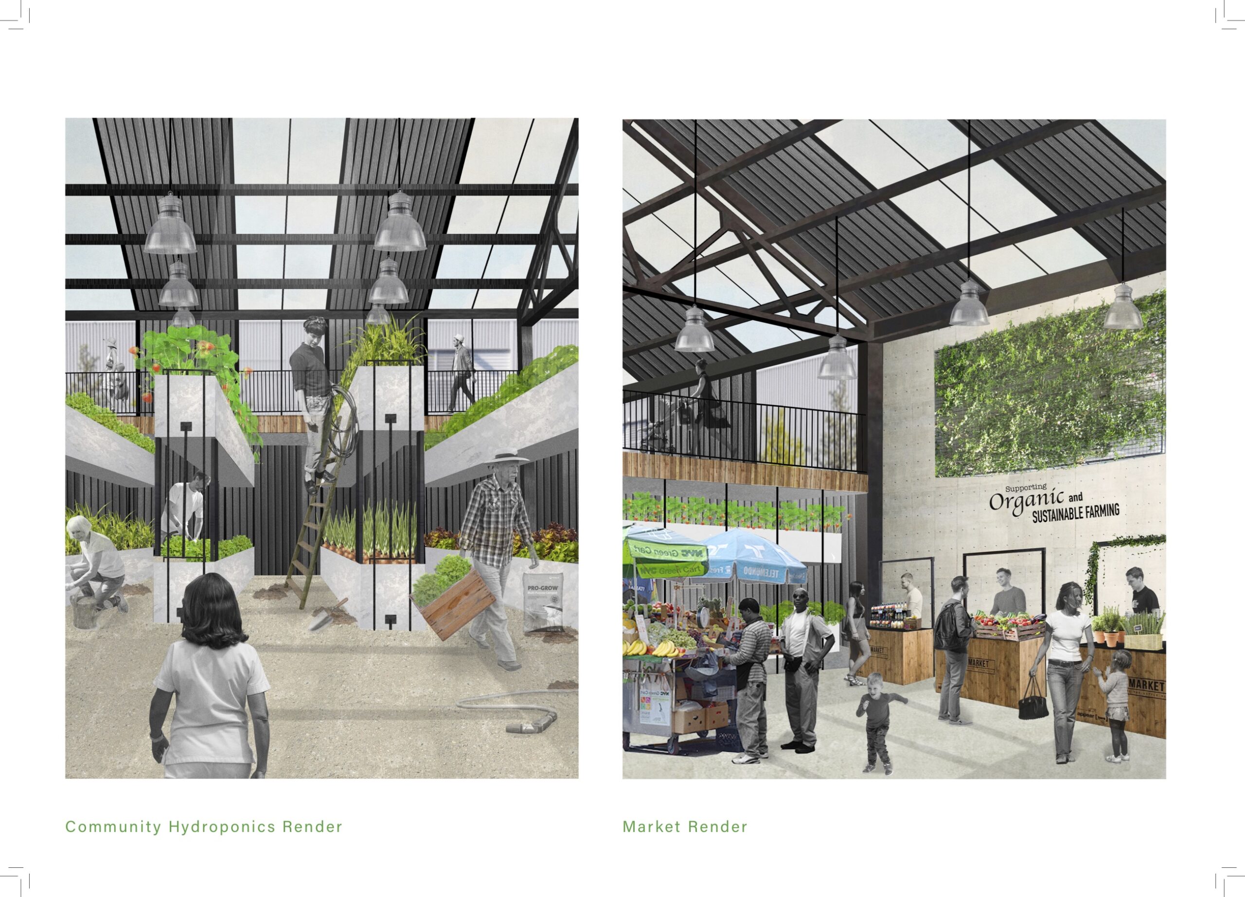 two renders showing the inside of the hydroponics hall and another showing the commercial shop