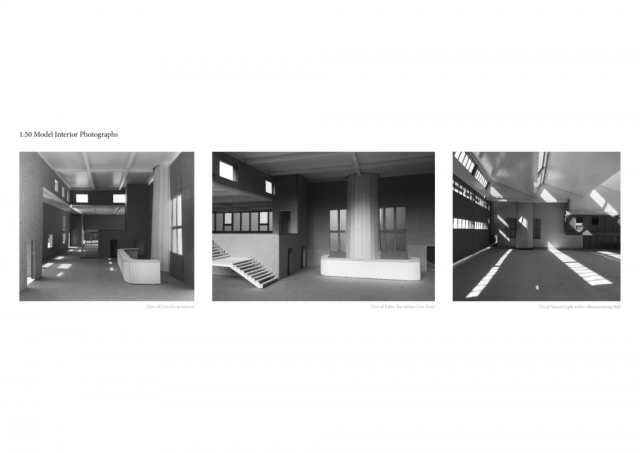this page shows interior model images which are black and white and show atmospheric light qualities of the space