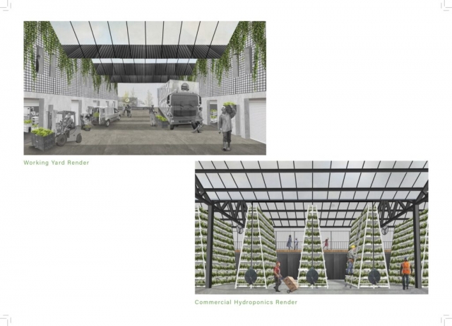 a render illustrating the rooves including the glass panels. The other render shows the vertical hydroponic stalls in the hall.