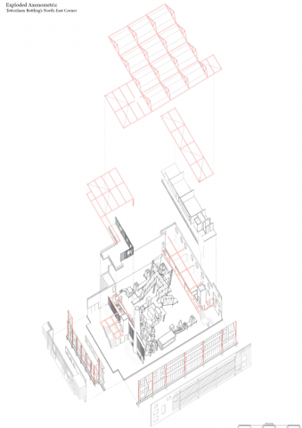 exploded axonometric of the bottling unit. the machinery is displayed in the centre with the roofs exploded from it as well as the facades exploded from the central manufacturing space
