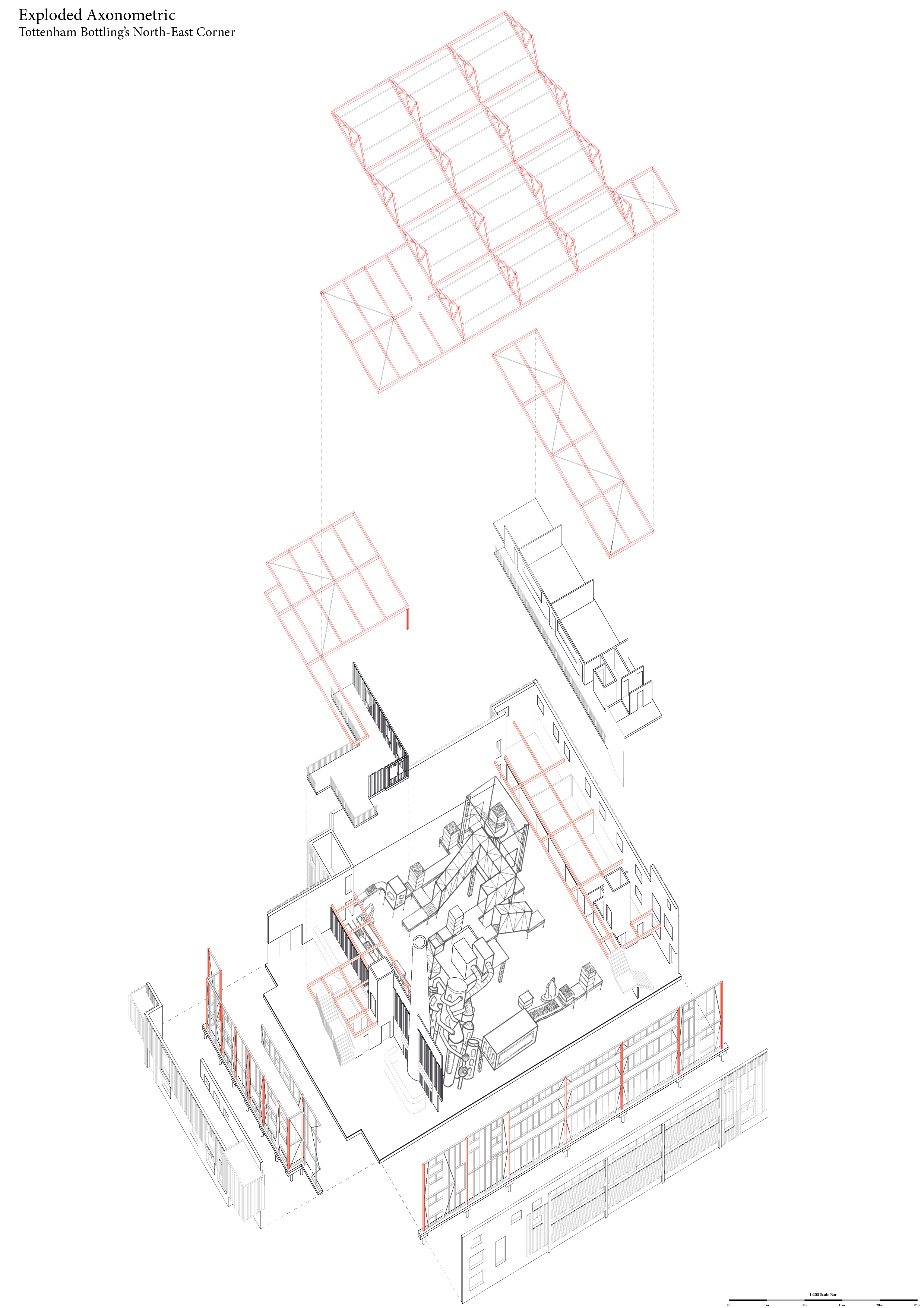 exploded axonometric of the bottling unit. the machinery is displayed in the centre with the roofs exploded from it as well as the facades exploded from the central manufacturing space