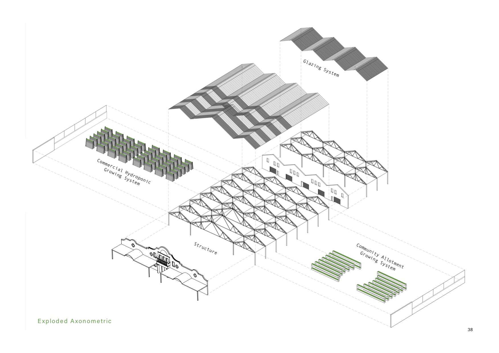 an axonometric drawing showing the structure, glazing systems and hydroponic growing systems