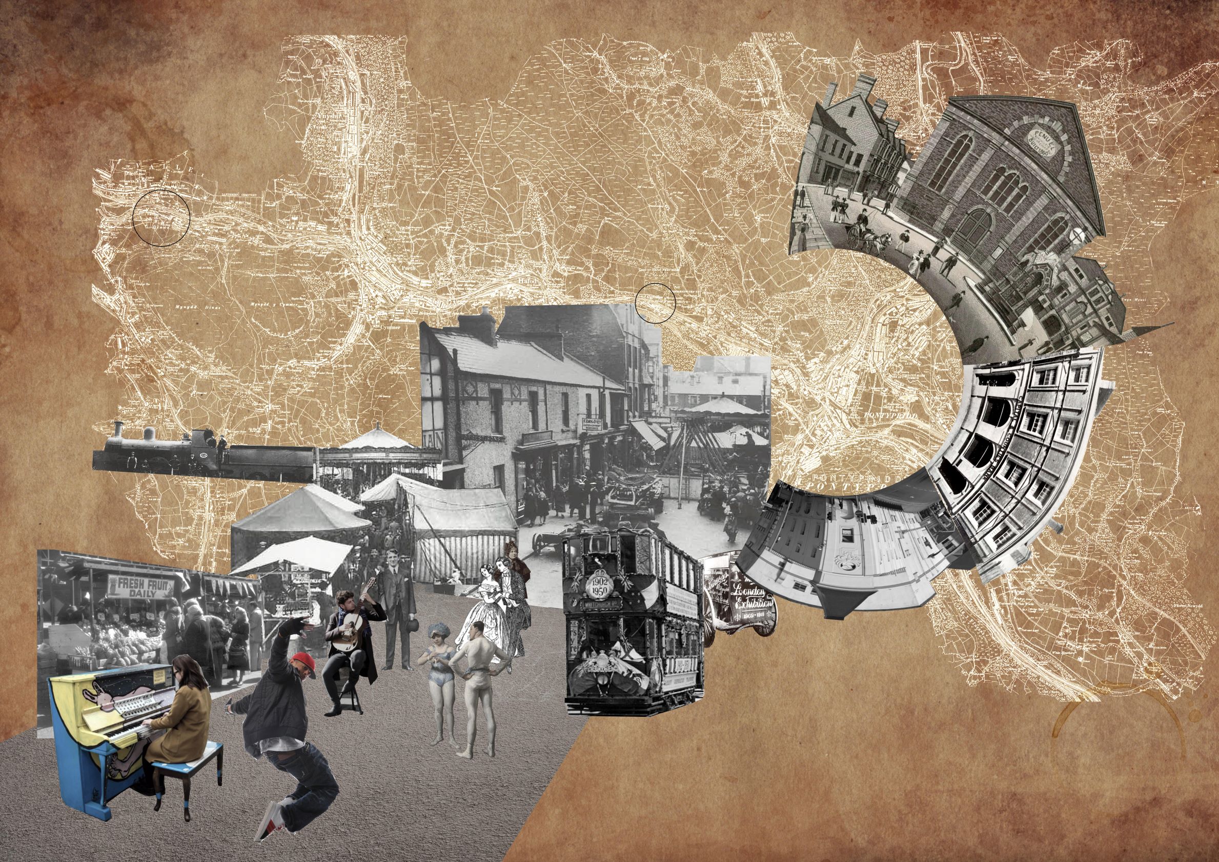 Image of an abstract collage encapsulating the spirit of Pontypridd by Nok Leung