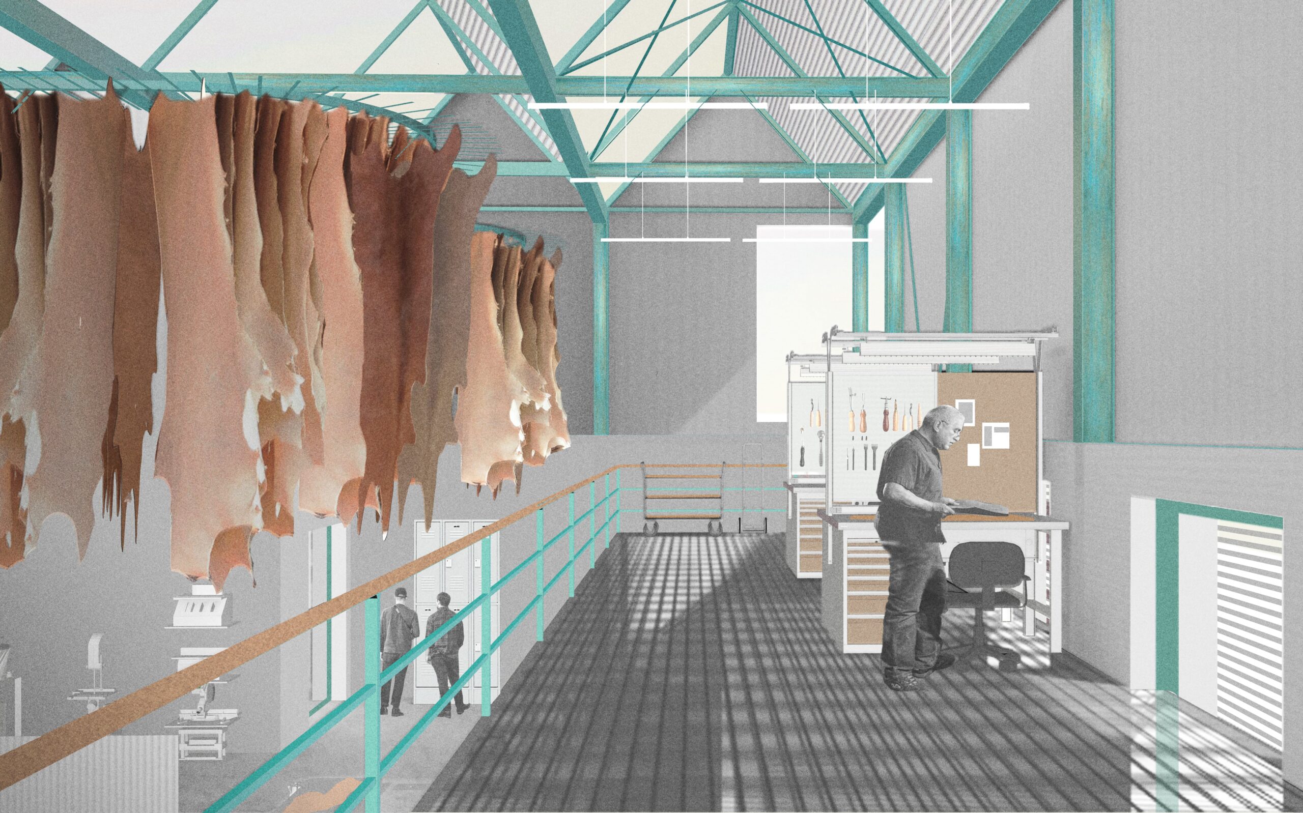 a render illustrating the process of leatherworks inside the manufacturing hall. there is leather hanging to the left of the image  and the structure is emphasised in teal