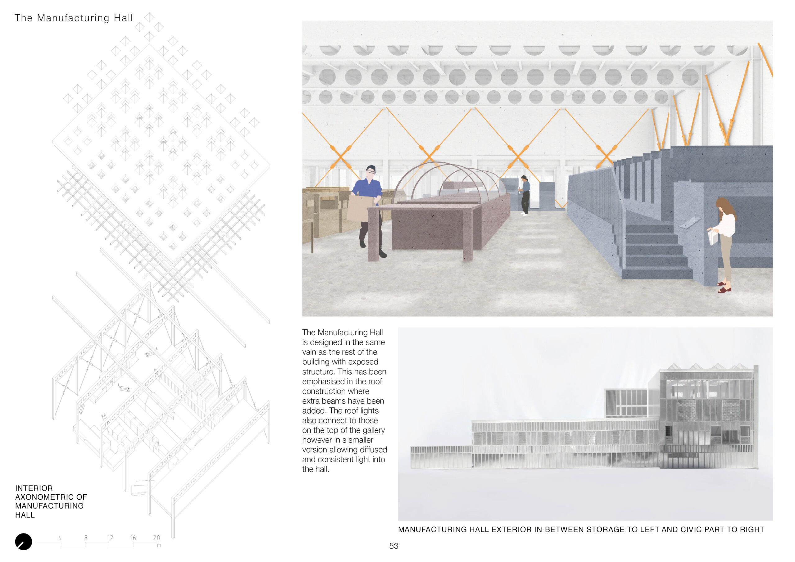 portfolio page 1 has an axonometric drawing of the manufacturing hall to the left. The left shows the manufacturing hall has been rendered to the right which shows all white structure bar the bracing which is orange