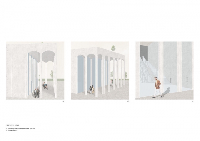 Perspective images of a the entrance to the theatre through a colonnade by Kalina Vrachanska