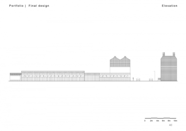 Elevation of the bakery illustrating the same area as the section. showing its industrail steel cladding on the manufacturing hall and brick on the cafe