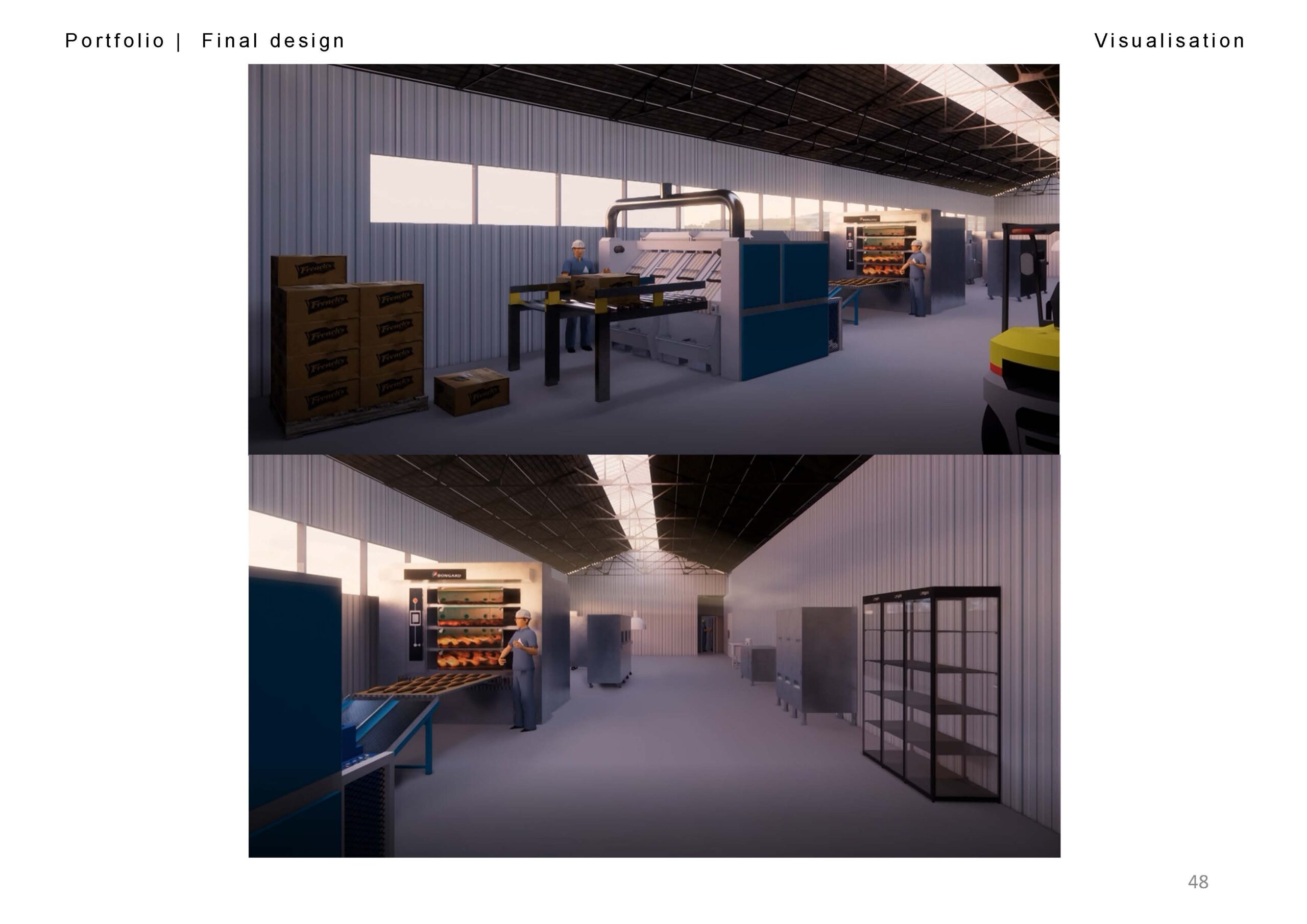 two renders of the bakery. The first shows the windows out of the bakery and the machinery inside. There is n end of the day glow nside. The second has the same atmosphere as the first but looks down the length of the manufacturing hall