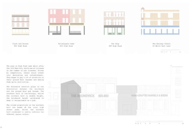 facade studies of local pubs illustrating colour variations and material usage