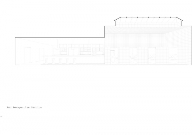 a perspective section showing the pub and booths for seating to the right