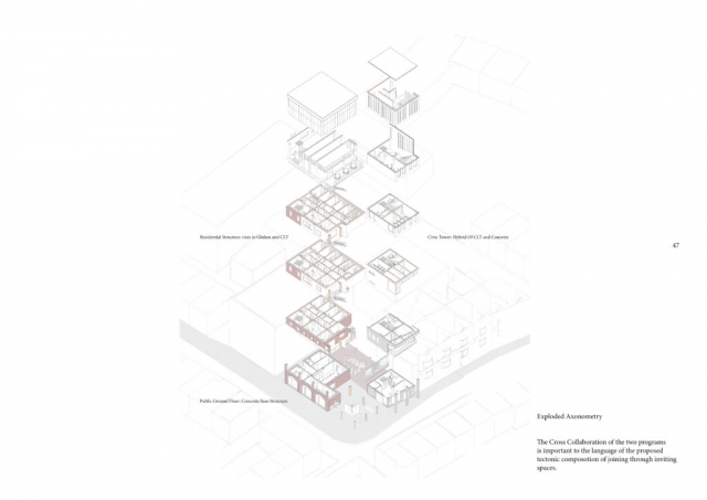 Exploded Axonometry of btwo buildings - the civic and residential