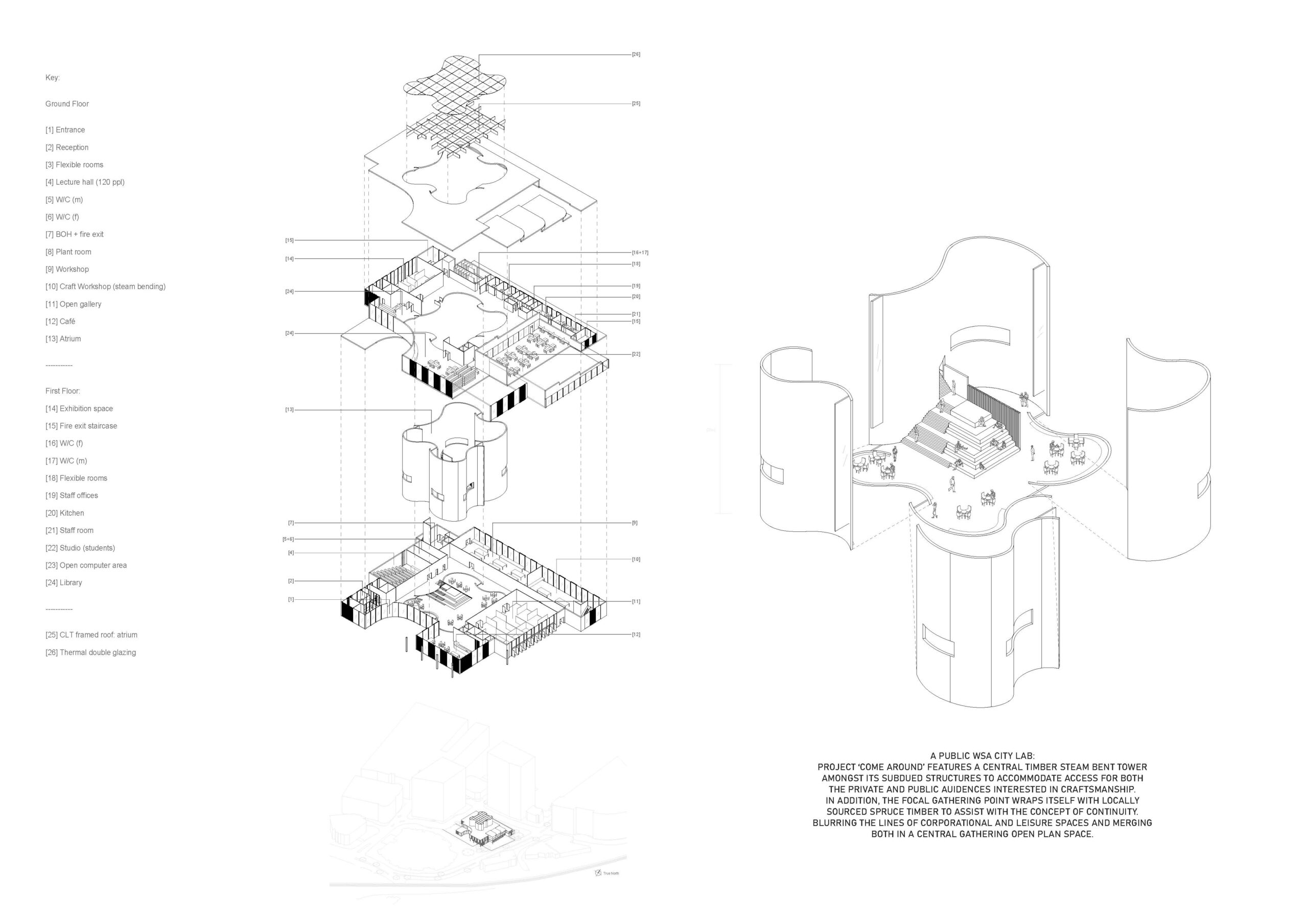 Exploded Axonometric showing building structure by Jemma Ho