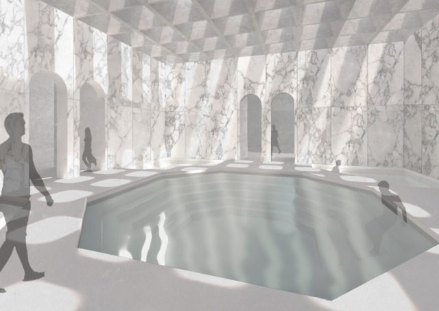 Indoor pool render with skylights