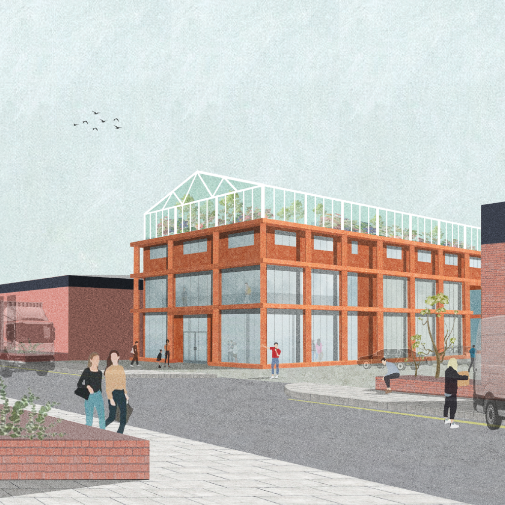 exterior render showing the rusty orange of the gin works structural cladding with the glass greenhouse on top