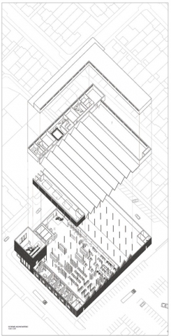axonometric drawing where the floors have been exploded and we can see a view of the manufacturing hall and artist's studios at the bottom