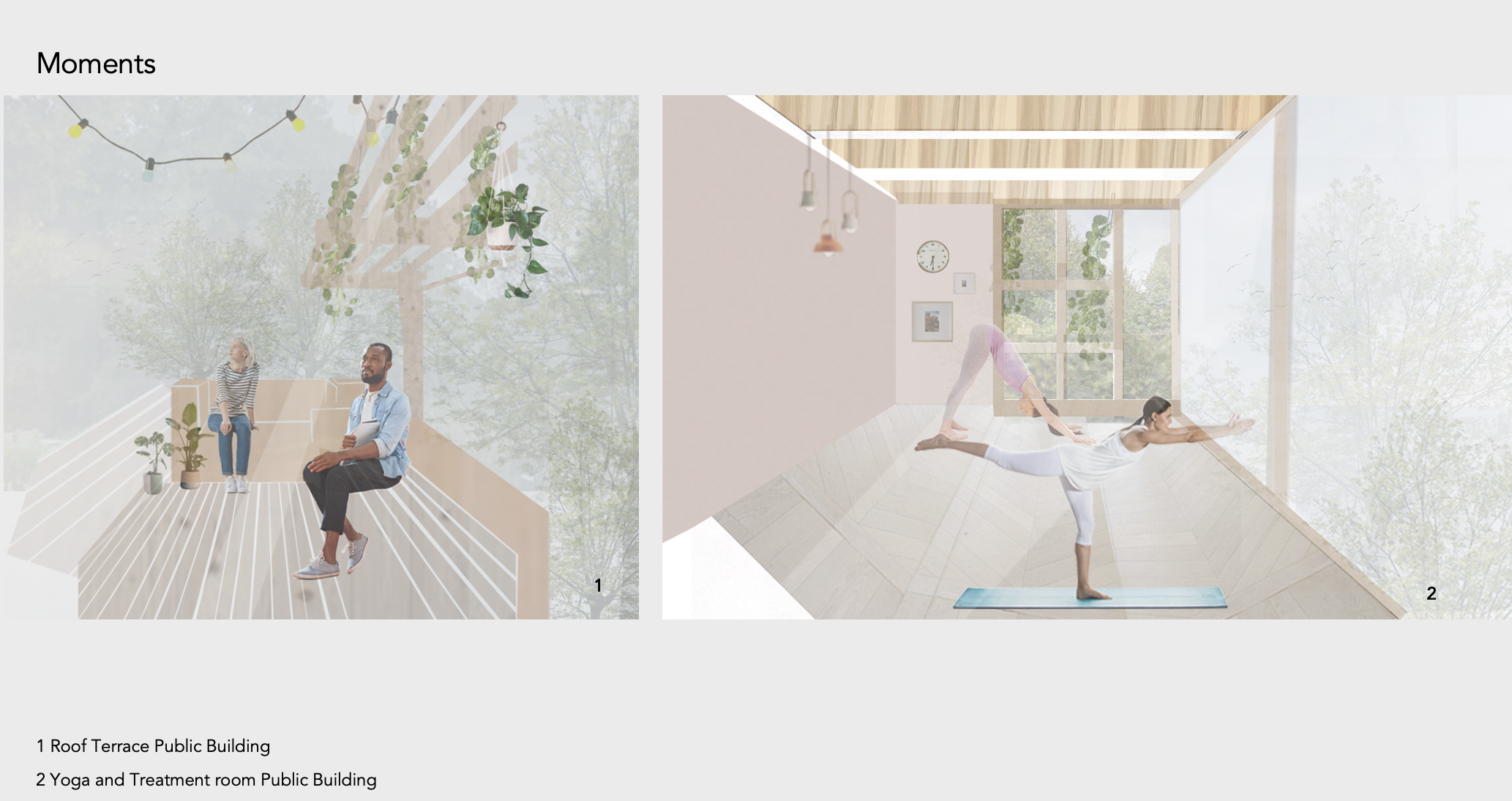 2 images showing the interior of the space. left side: Roof Terrace. Right side: Yoga and Treatment Room