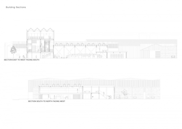 two sections. The first shows the civic part of the building to the left, manufacturing hall in the centre and storage to the right. The second shows the manufacturing hall and mezzanine layer and the workshop to the left
