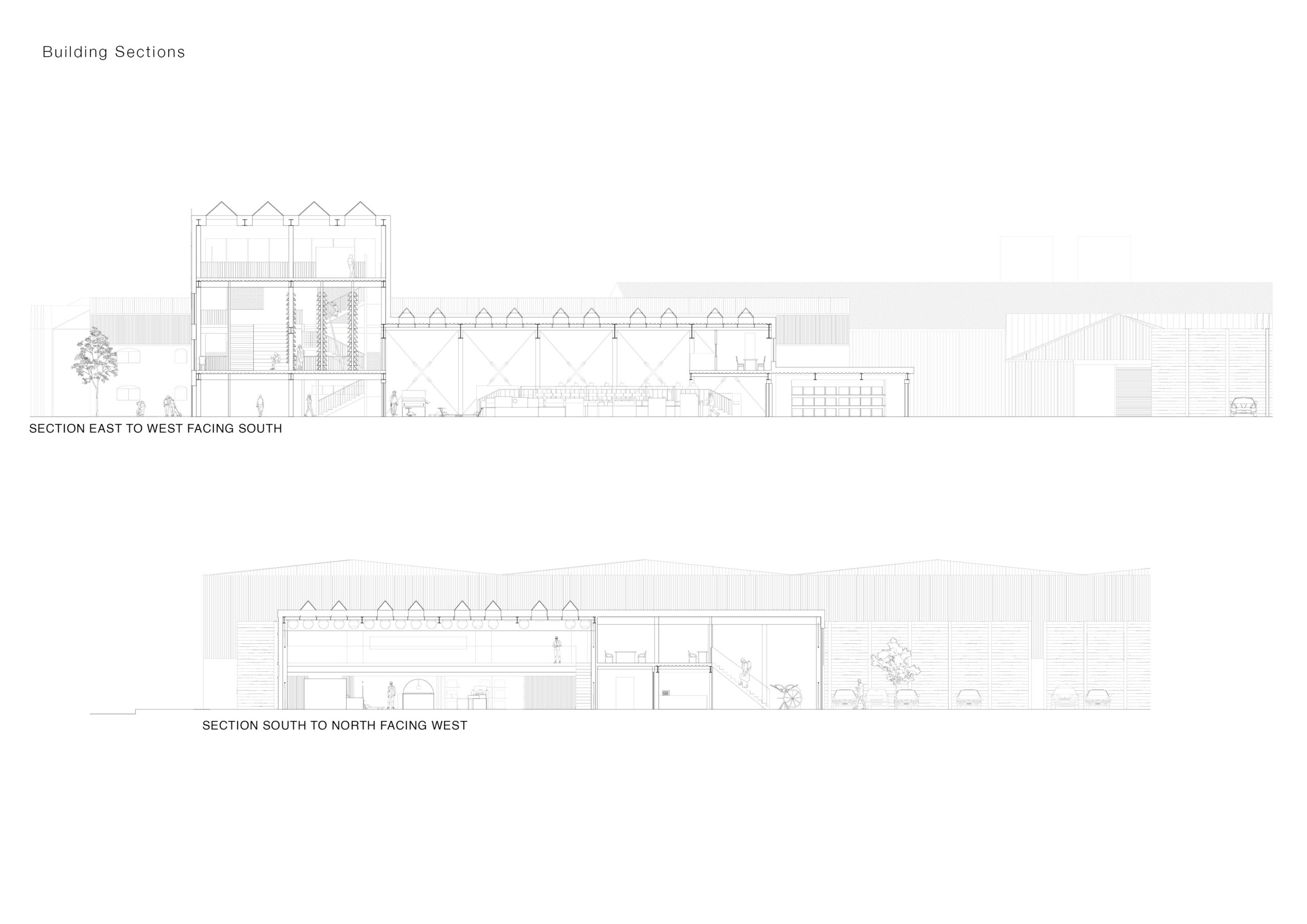 two sections. The first shows the civic part of the building to the left, manufacturing hall in the centre and storage to the right. The second shows the manufacturing hall and mezzanine layer and the workshop to the left